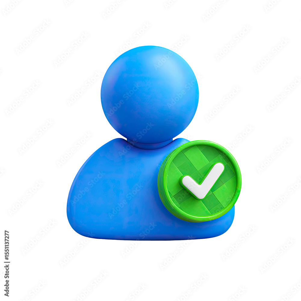 Poster blue user icon with green checkmark signifying approval on transparent background
