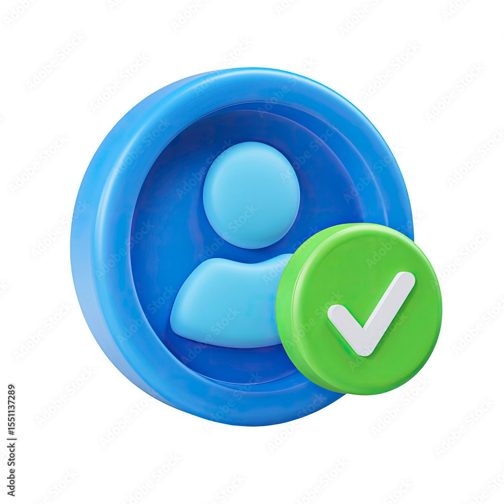 Poster blue user icon with green check mark 3d render on transparent background
