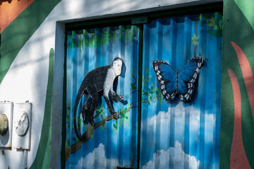 Mural on a metal door of a capuchin monkey and a morpho butterfly in the town of Tortuguero, Costa...