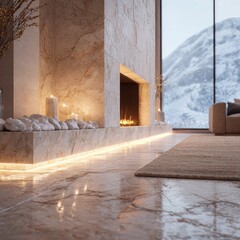 Modern fireplace with warm lighting, marble surround, and mountain view, accented by candles and a rug