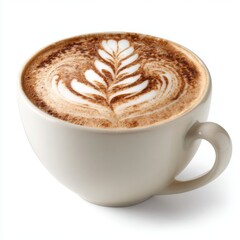 Creamy Coffee with Beautiful Latte Art Design in a White Cup Isolated on a Bright Background for Beverage and Food Related Content