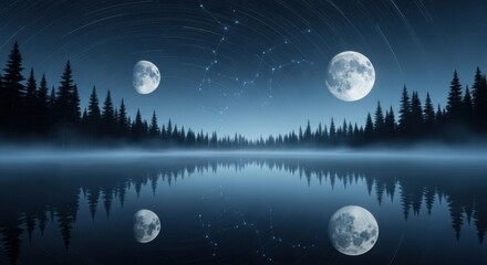 A Serene Night Landscape With Multiple Moons Reflected In A Misty Lake