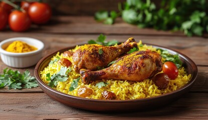 Roasted chicken drumsticks over yellow rice, garnished with fresh herbs and raisins