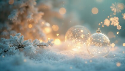 Glass Christmas Baubles on Snow with Warm Bokeh Lights