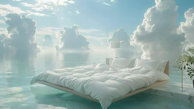 bed on blue sky and clouds background footage