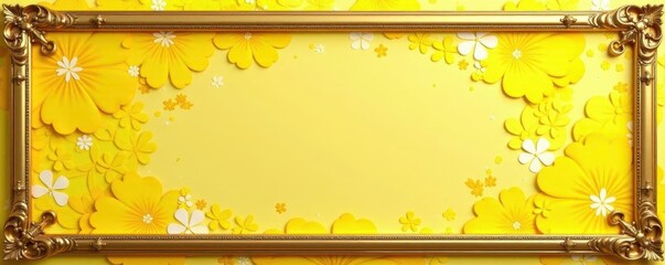 Ornate gold frame, yellow floral wallpaper background, decor, image