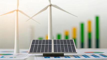 Renewable energy investment. Solar panel wind turbine renewable energy clean. Finance sustainable, Eco-friendly clean climate change