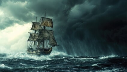 A weathered sailing vessel battles a turbulent sea under a dramatic sky