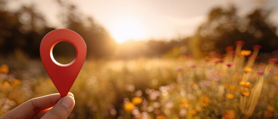 The location pin held against a vibrant sunset landscape in nature.