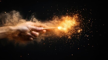 A hand striking a matchstick, releasing a burst of sparkling light and dust, symbolizing ignition and the beauty of creation against a dark backdrop.