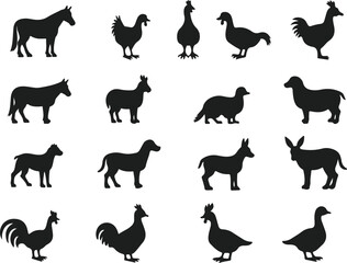 Silhouettes of Farm Animals and Birds Collection Including Horses Cows Dogs Chickens and Ducks Isolated on White