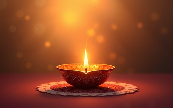 Golden lotus shaped diya on abstract Diwali background. High quality