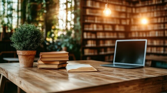 A warm and inviting reading space featuring stacked books, a laptop, and lush greenery in the background, perfect for enjoying quiet moments of study and relaxation.
