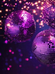 Purple disco balls in a dark, glittering background