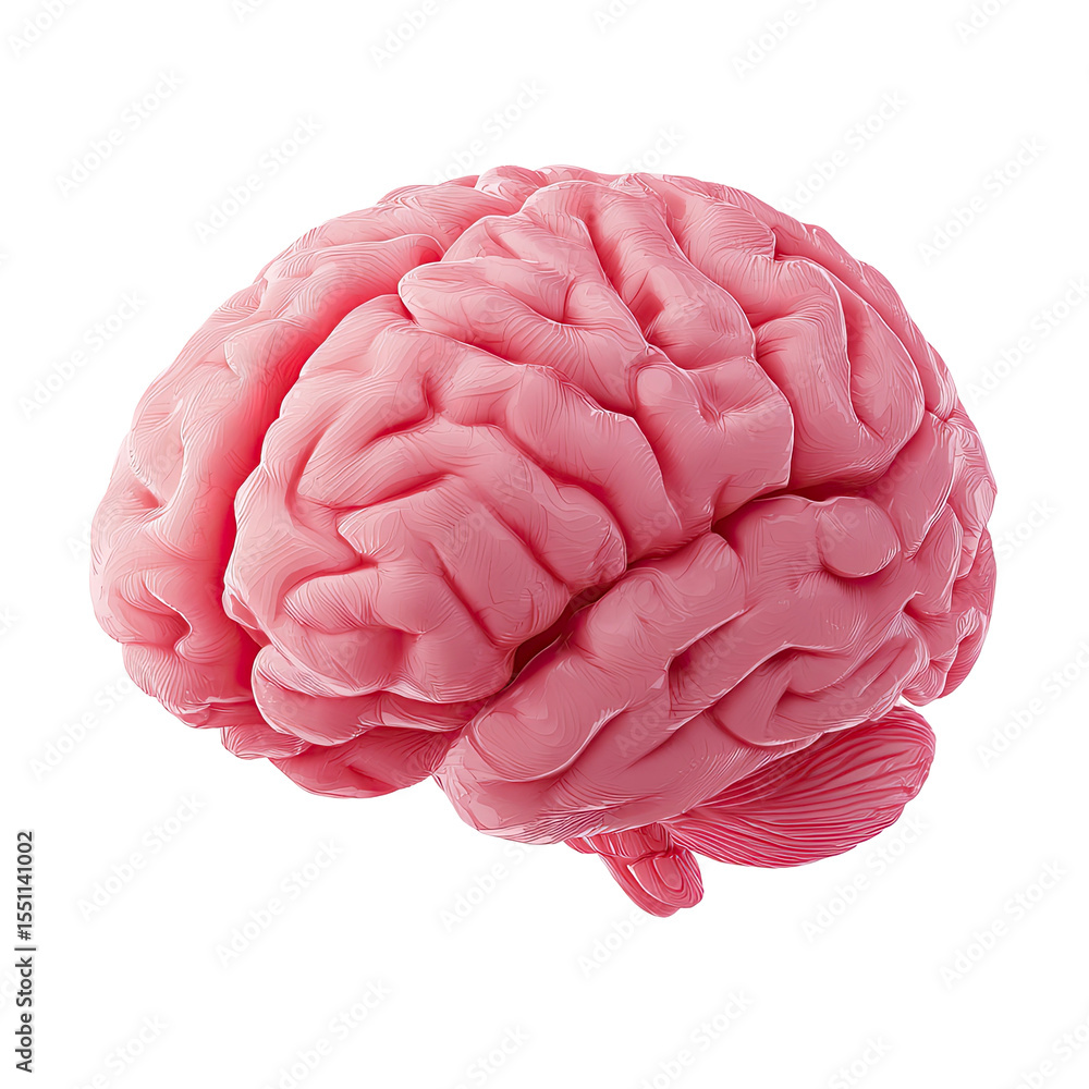 Poster anatomical pink brain model depicting intelligence and memory on transparent background