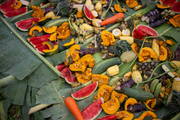 Watermelon slices and various fruits on banana leaves covered with banana leaves with various fruits. Elephant food at Thai Elephant Day, Elephant feeding fruit that it eats a lot of