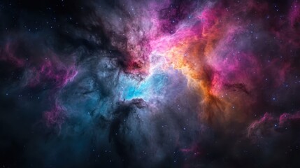 Fototapeta premium A beautiful cosmic nebula capturing vibrant colors and swirling patterns in deep space, illustrating the vastness and mystery of the universe beyond our planet.