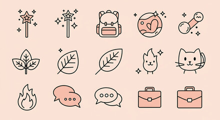 Fototapeta premium A collection of whimsical icons featuring nature, animals, and playful elements on a pastel background