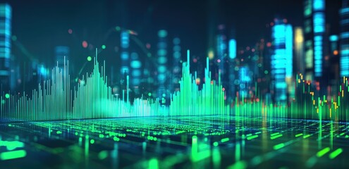 Futuristic cityscape overlaid with vibrant financial data visualizations