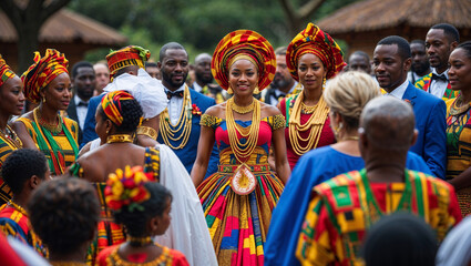 Elegant ghanaian wedding ceremony celebrating culture and tradition with beautiful attire and joyful celebration.