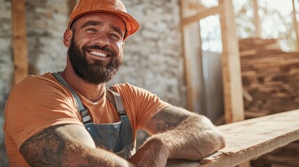 A smiling man wearing a safety helmet and work attire poses confidently in a construction site, showcasing his skills and dedication as a carpenter in a warm, inviting environment.