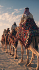 Camels trekking through desert sands, draped in colorful textiles. Riders in traditional garb lead the way at sunset.