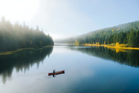 Peaceful Morning Kayak on a Misty Mountain Lake