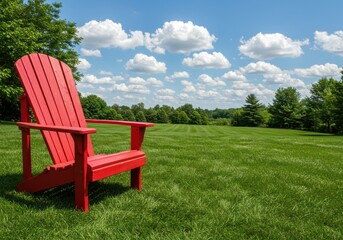 Red Chair on a Green Lawn for a 4th of July a Summer Holiday in the USA with Copy Space