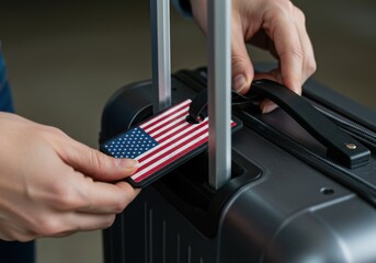 Obraz premium Attaching a USA Luggage Tag to a Suitcase a Concept for a 4th of July Trip with Copy Space