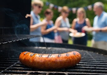 Grilling a Sausage for a 4th of July Barbecue a US Independence Day Cookout with Copy Space