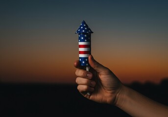 Holding a Bottle Rocket Firework for a 4th of July a US Independence Day Celebration with Copy Space