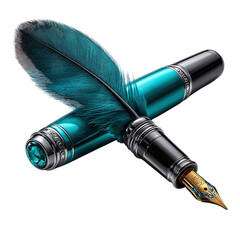 Iridescent black and teal feather pen with silver band, isolated on transparent background