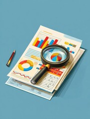 Detailed Financial Report Layout With Magnifying Glass and Vibrant Charts for Analysis and Review Using Clean Design Elements