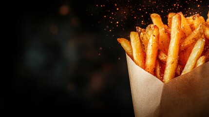 A tempting stack of golden French fries is artistically captured, showcasing their crispy texture and mouthwatering appeal, ideal for food enthusiasts and cravings.
