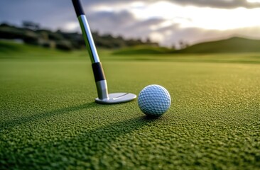 Golf club and ball on a manicured green.