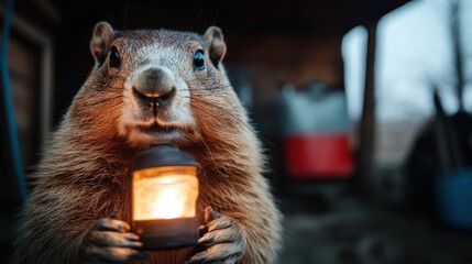 A delightful close-up of a squirrel holding a lantern, illuminated warmly. The image captures the charm and quirky nature of wildlife, evoking feelings of comfort and curiosity.