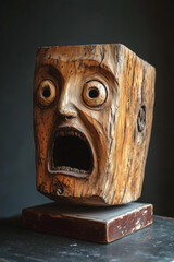 Expressive wood sculpture of a face frozen in a scream, showcasing raw emotion and texture. A stark portrayal of fear or surprise.