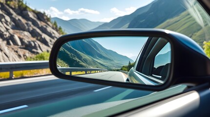 Fototapeta premium A scenic nature view reflected in a car side mirror, capturing the beauty of the road behind during a peaceful journey.