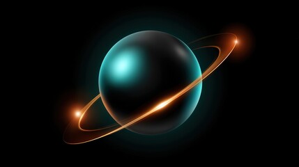 A dreamy 3D render of a metallic iridescent planet with soft glowing surface textures, surrounded by glowing particle rings. Set against a deep black space background, the scene features soft rim