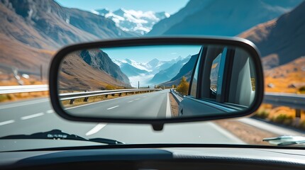 Obraz premium A scenic nature view reflected in a car side mirror, capturing the beauty of the road behind during a peaceful journey.