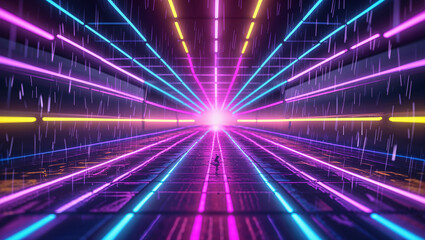 Obraz premium Futuristic illuminated neon light tunnel with a radiant glowing center and rainfall effect
