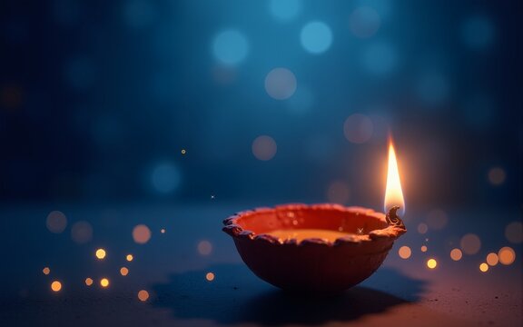 happy diwali diya background glowing candle on blue bokeh background with sparkling lights hindu indian festival celebration copy space for text. High quality