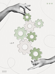 Trendy Halftone Collage Business team and teamwork concept. Hands joining cogwheel gears together. Goal achievement project. Cooperation and management concept. Contemporary vector illustration art