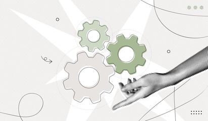 Trendy Halftone Collage Hand with cogwheel gears. Working experience. Organization business progress. Concept of success, leadership, career development. Contemporary vector illustration art