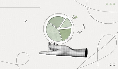 Trendy Halftone Collage Hand with pieces of pie chart. Business data and market share concept. Circular diagram parts. Finance graph. Investment strategy. Contemporary vector illustration art