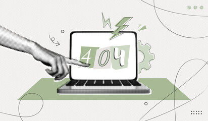Trendy Halftone Collage Laptop screen with error 404. Page not found. System error, broken page. Hand pointing at computer with lost signal. Website message. Contemporary vector illustration art