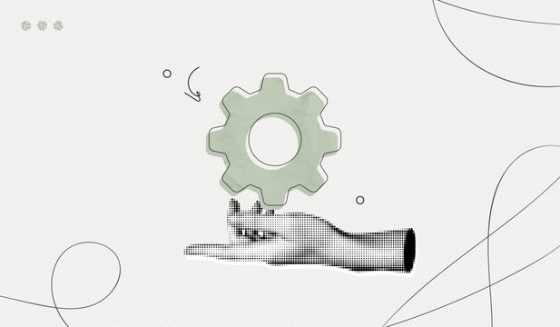 Trendy Halftone Collage Hand with cogwheel gear. Working experience. Organization business progress. Concept of success, leadership, career development. Contemporary vector illustration art