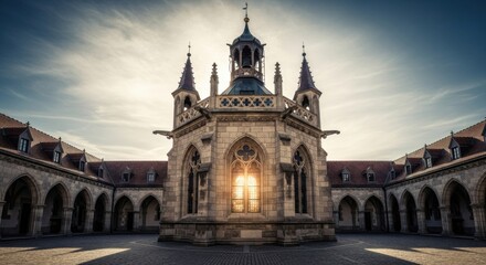 Obraz premium Historic Gothic Architecture Illuminated by Golden Sunlight Through Ornate Window