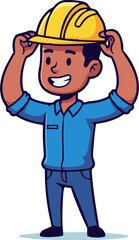 Cartoon Construction Worker Adjusting Yellow Hard Hat with Cheerful Smile