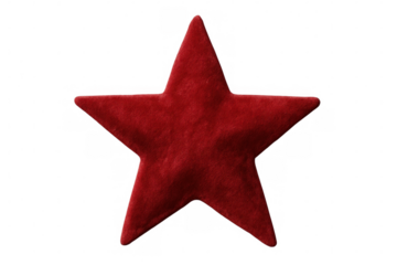 Plush red star with soft fabric texture, floating on transparent background, highlighting festive holiday graphic design elements